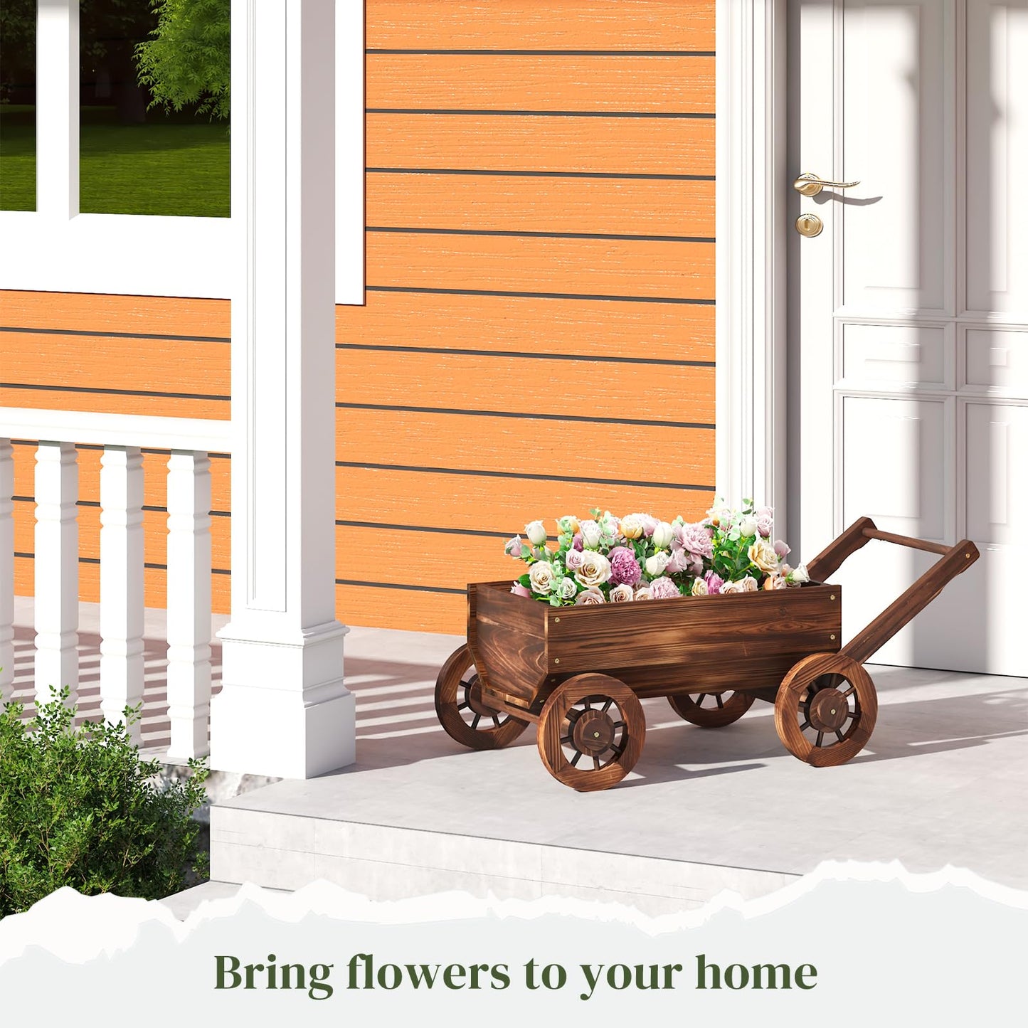 PULIJIAJU Wooden Wagon Garden Planter Cart with Wheels Rustic Flower Pot – Indoor Outdoor Patio Backyard Balcony Decor for Flowers and Plants（Large