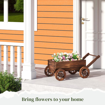 PULIJIAJU Wooden Wagon Garden Planter Cart with Wheels Rustic Flower Pot – Indoor Outdoor Patio Backyard Balcony Decor for Succulents, Flowers and Plants（Carbonized-L