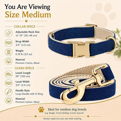 Herringbone Tweed Dog Collar and Leash Set for Medium Dogs, Navy Blue | Snag-free, no-rub design. Soft breathable cotton, gentle on fur. Adjustable durable matching combo for walks & outdoors.
