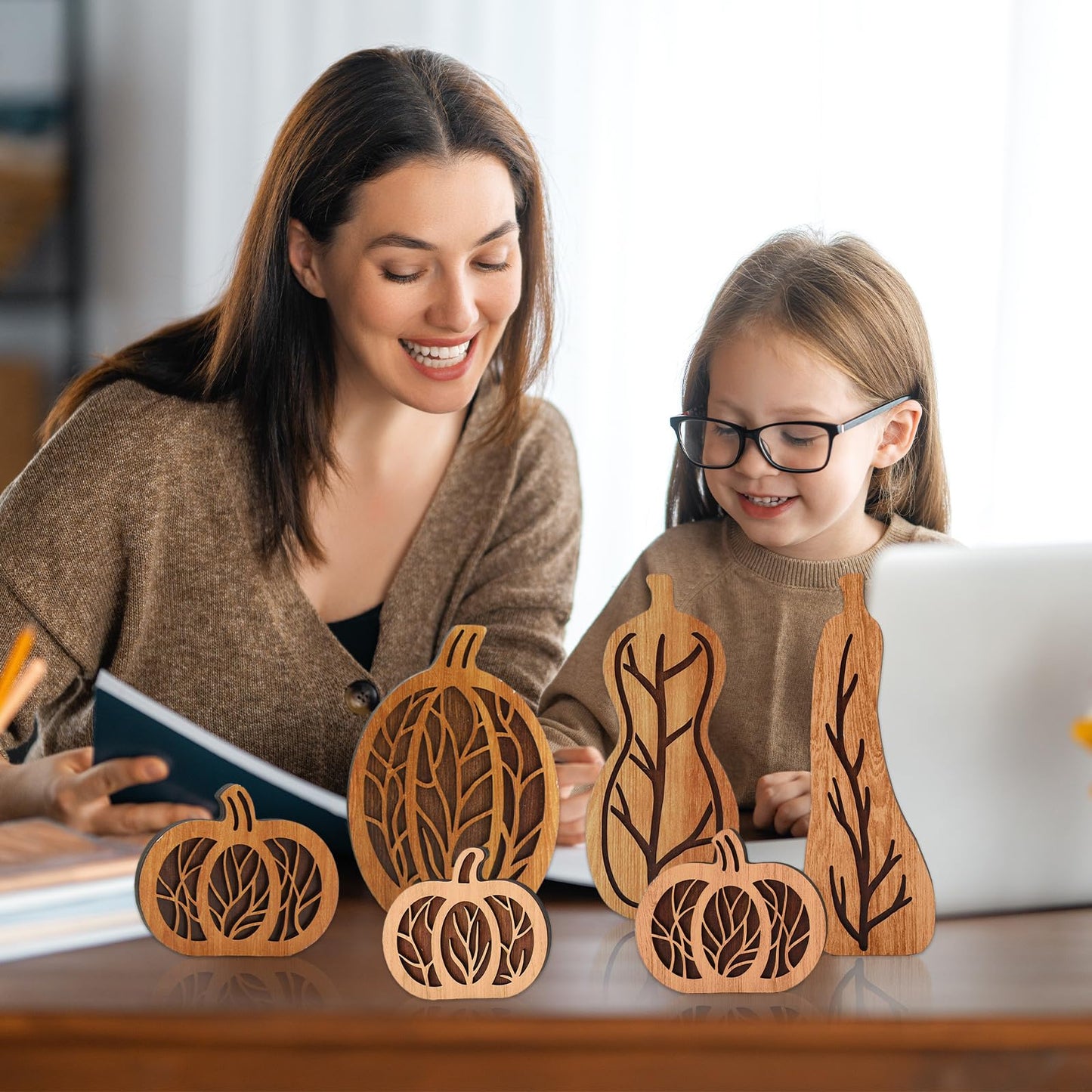 JarThenaAMCS 6 Pcs Fall Pumpkin Wood Table Sign Natural Wood Hollow Carved Pumpkin Rustic Autumn Tabletop Centerpieces for Farmhouse Thanksgiving Home School Office
