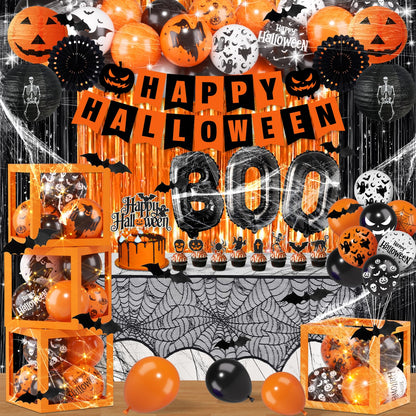 Halloween Party Decorations, Halloween Decorations Kit includes Ghost Balloons Boxes Spider Web Tablecloth Black Orange Foil Curtains, Boo Party Supplies for Home Birthday Decoration