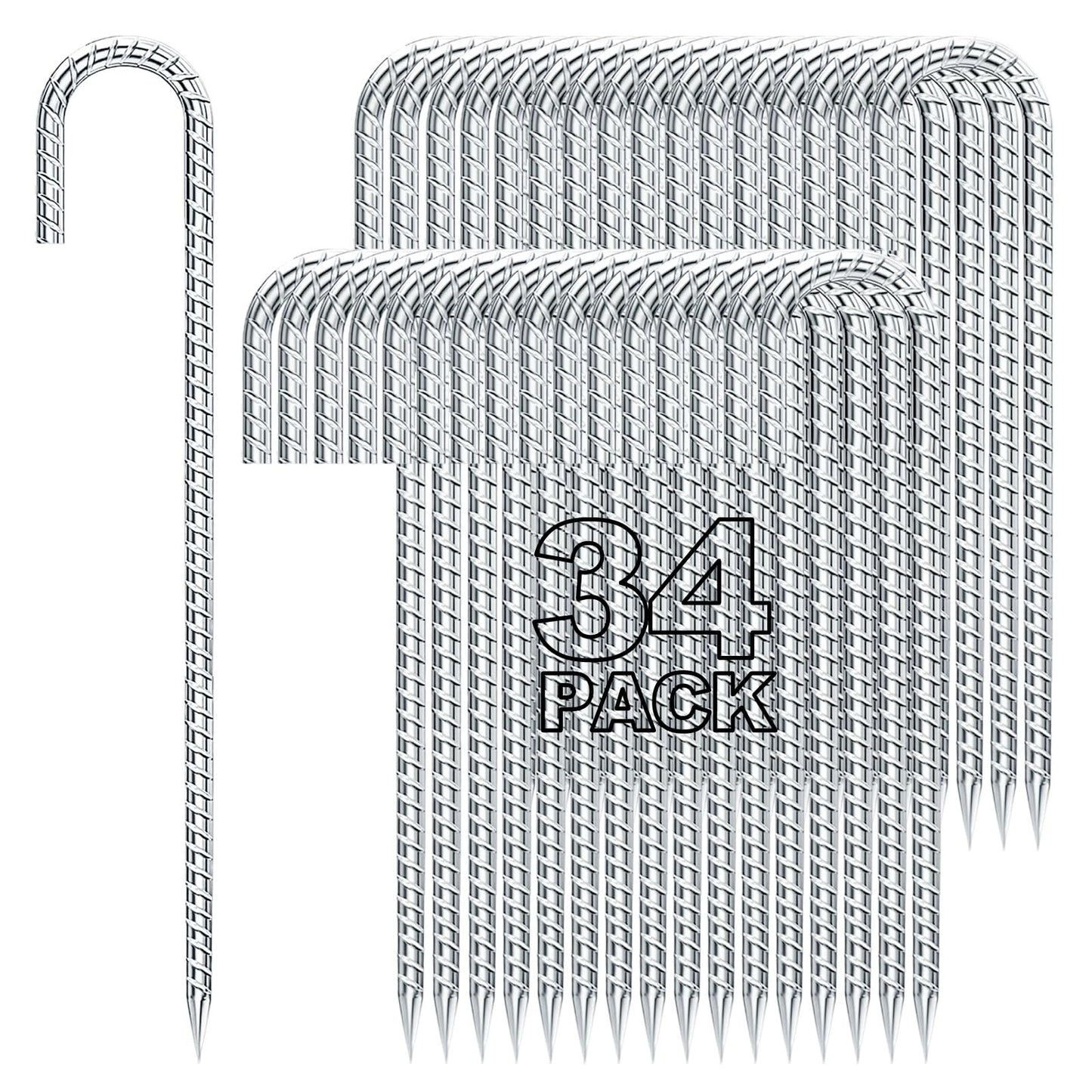 Homwin 12 inches Tent Stakes Heavy Duty 34-Pack, 5/16" Diameter J Hook Fence Stakes Rebar Ground Stake for Inflatables, Tarp, Yard Lawn Outdoor Decoration