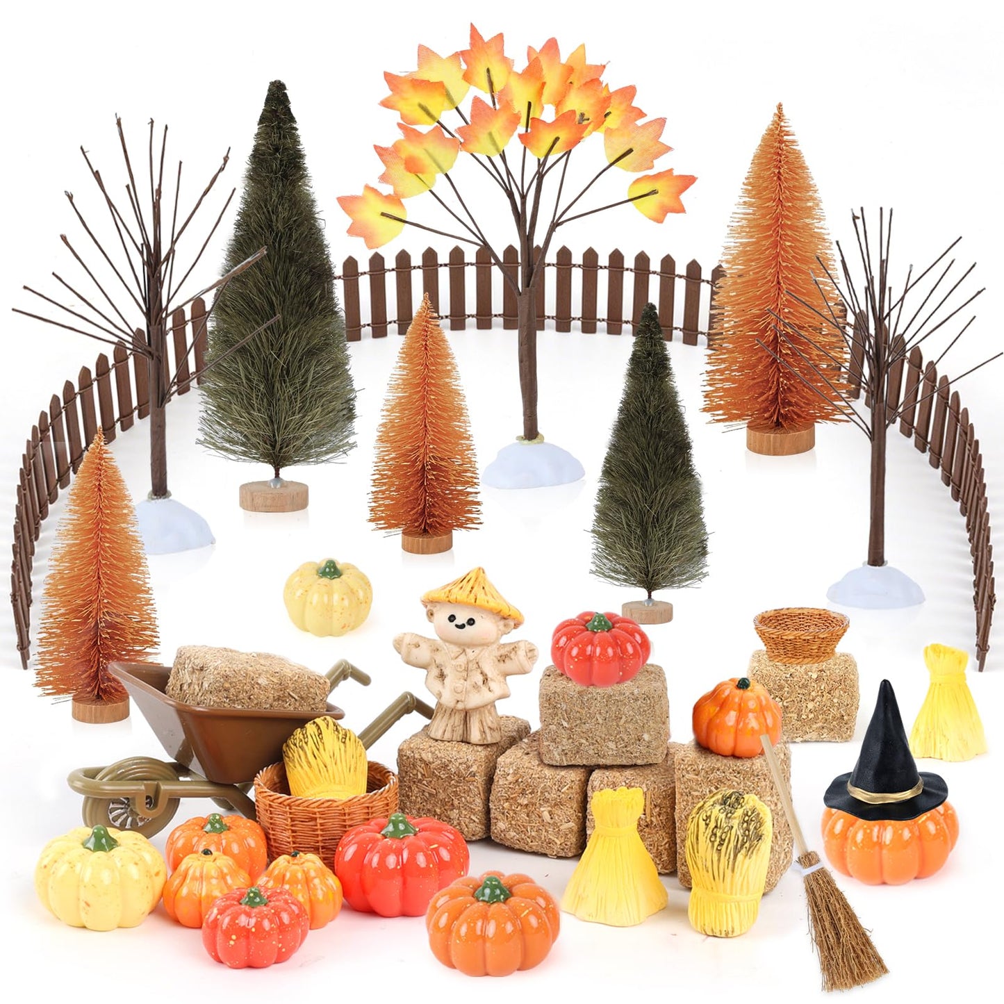 33 PCS Mini Fall Figurines Thanksgiving Resin Figurines Autumn Tiny Resin Farm Miniature Include Trees Pumpkins Scarecrow Wheelbarrow Ears of Wheat Basket Fence for Harvest Home Table Decorations