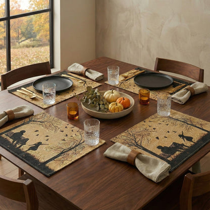 DaDalogy Farmhouse Rustic Dining Placemats - Set of 4 Tapestry Woven Cotton Halloween Kitchen Table Mats Fall Silhouette Decor - Family Cozy Cabin Orange Tan Black Decorative - 13” x 19”