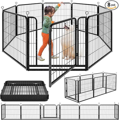 Kfvigoho Dog Playpen Outdoor Extra Wide 8 Piece Panels Heavy Duty Dog Fence 32" Height Anti-Rust with Doors Portable for RV Camping Yard, Total 21FT, 35 Sq.ft, Snowy Black
