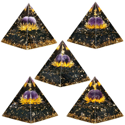 mookaitedecor Amethyst Crystal Sphere Orgone Pyramid with Obsidian Tumbled Stones and Golden Lotus Orgonite Energy Generator for Protection Meditation Home Decor