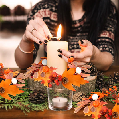 Jansun 4 Pcs Fall Candle Rings, Artificial Maple Leaves Pumpkins Decorative Wreaths for Fall Home Decor Thanksgiving Halloween Centerpieces and Farmhouse Table Settings