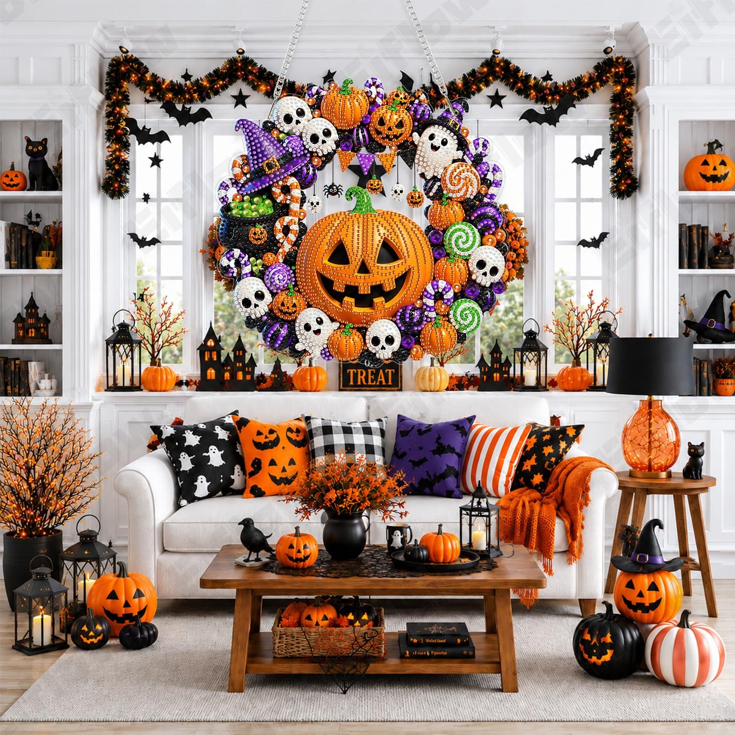 Eiflow Halloween Diamond Art Hanging Kit for Adults, DIY Acrylic Diamonds Craft Painting Hanging Ornament Board Kit, Special Crystal Diamond Art Painting Window Door Hanging Pendant (Pumpkin Wreath)