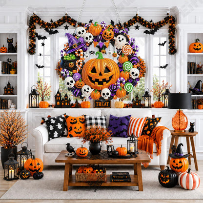 Eiflow Halloween Diamond Art Hanging Kit for Adults, DIY Acrylic Diamonds Craft Painting Hanging Ornament Board Kit, Special Crystal Diamond Art Painting Window Door Hanging Pendant (Pumpkin Wreath)