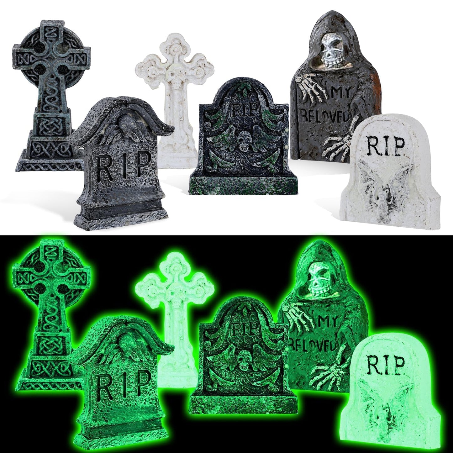 6 Pcs Fluorescent Halloween Miniature Tombstones Mini Village Accessories Resin Halloween Figurines Glow in The Dark Tombstones Ornaments for Fish Tank Cake Decor Landscape DIY Crafts