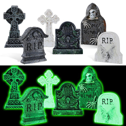 6 Pcs Fluorescent Halloween Miniature Tombstones Mini Village Accessories Resin Halloween Figurines Glow in The Dark Tombstones Ornaments for Fish Tank Cake Decor Landscape DIY Crafts