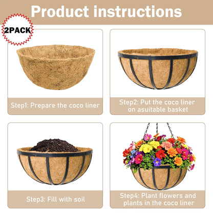 2 Pack 12 inch Metal Hanging Planters Basket Set Round Wire Plant Holder with Coco Fiber Liners Chain Indoor Outdoor Hanging Baskets for Garden Balcony Patio Deck Porch Vegetables Flower Plants