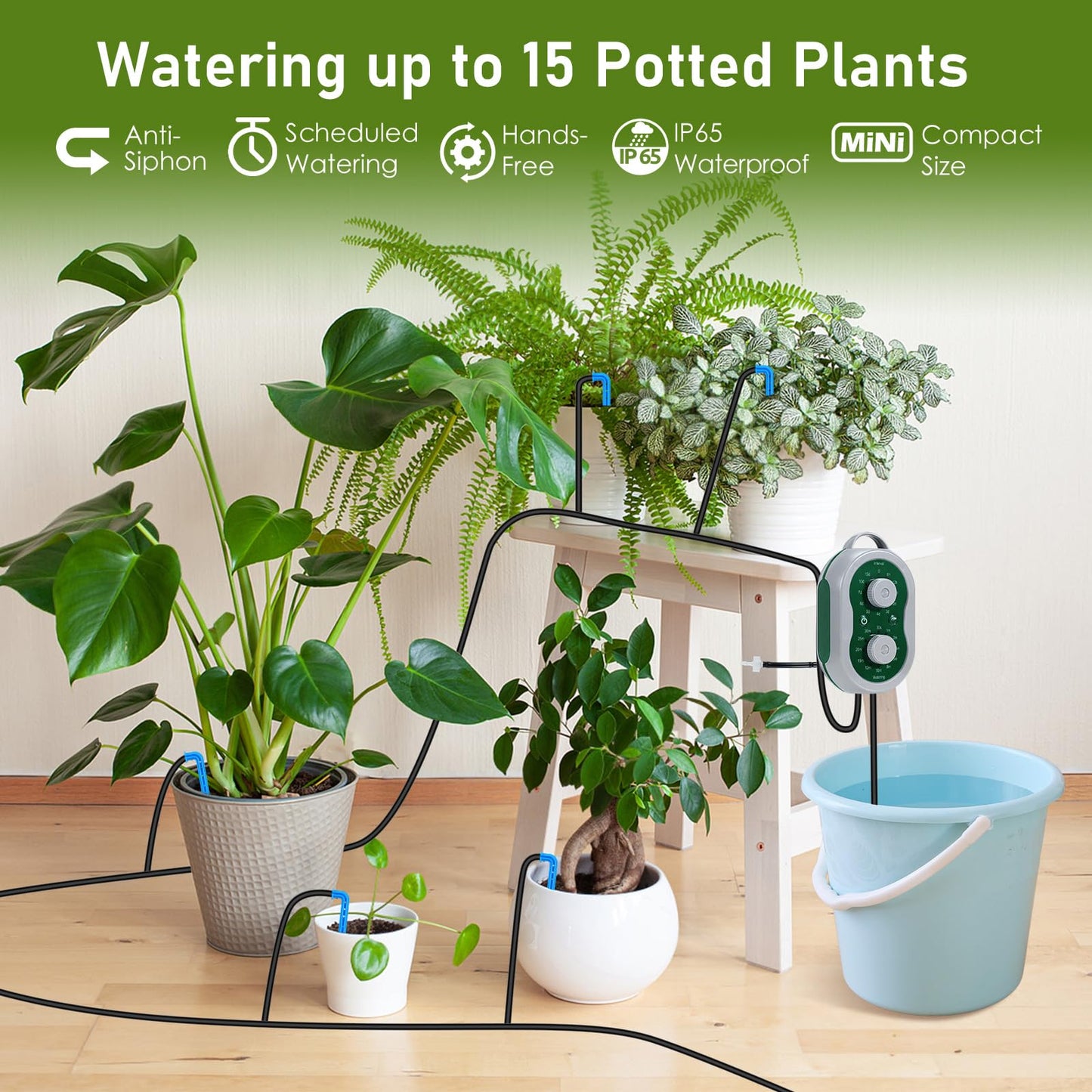 WIOR Automatic Plant Waterer Drip Irrigation System Kit for 15 Potted Plants, Indoor Self Watering System Plant Watering Devices with Programmable Water Timer for Garden Balcony Greenhouse Vacation