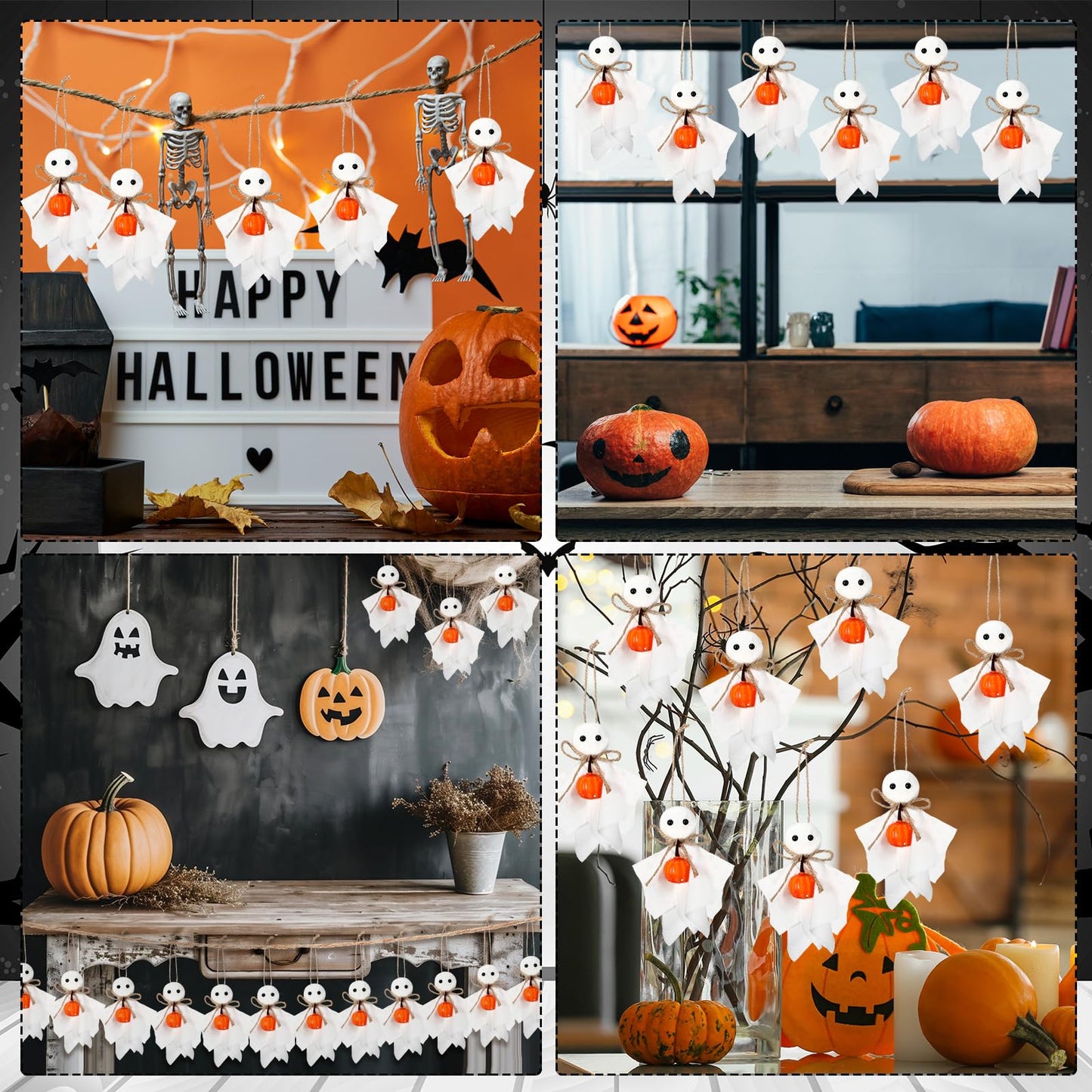 Civaner 24 Pcs Halloween Hanging Ghost Ornaments Mini Ghost Ornaments for Halloween Tree 3 Inch Cute Hanging Farmhouse Rustic Boo with Pumpkin Decorations for Haunted Party Yard Tree Decor