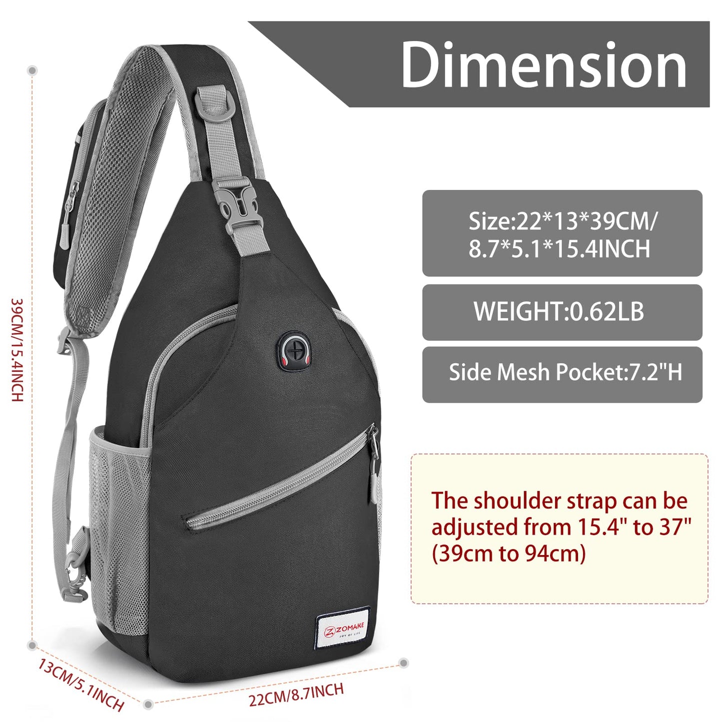 ZOMAKE Sling Bag 8L - Lightweight Crossbody Backpacks Waterproof Backpack for Travel Outdoor Sport Men Women
