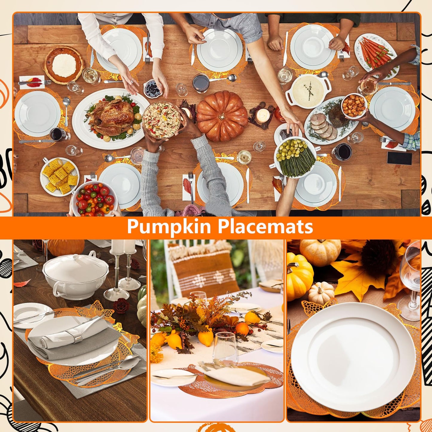 Fall Thanksgiving Pumpkin Placemats Set of 15 Autumn Harvest Table Mats Washable Vinyl Heat Resistant Non-Slip Round Placemat for Fall Halloween Thanksgiving Farmhouse Party Kitchen Table Decor