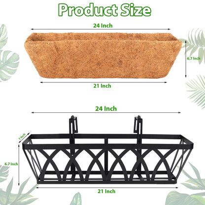 LCHUANG Deck Railing Planter Window Box - 3 Pack 24 Inch Deck Balcony Rail Planter with Coconut Coir Liner, Fence Metal Hanging Flower Planter Basket Deck Railing Planter Boxes for Outdoor Lawn