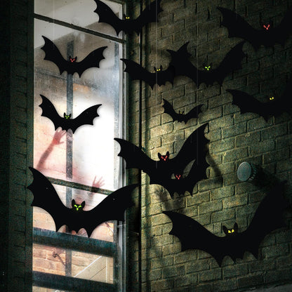 VERNILLA Hanging Bats Halloween Decorations 12pcs 3D Realistic Halloween Hanging Flying Bat with Glowing Eyes for Outdoor (3 Styles)