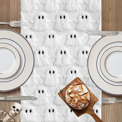3D Halloween Indoor Decoration Table Runner - White Ghosts Soft Plush Faux Fur Fabric Holiday Home Kitchen Dining Party Table Decor 13x72 Inch Long
