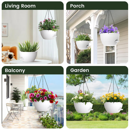 AHJZO 2 Pack 12 Hanging Flower Pots with Chains - Self Watering Plastic Planters for Indoor & Outdoor Plants, Sturdy Triangular Iron Chain Design for Garden PorchPlastic Hanging Flower pots (White)