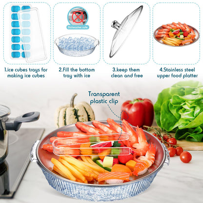 Baderke 1 Set 10" Chilled Serving Tray for Parties with Compartments and Lid Ice Chilled Platter Charcuterie Serving Board for Fruit Seafood Vegetable Appetizer Shrimp Cocktail (Silver)