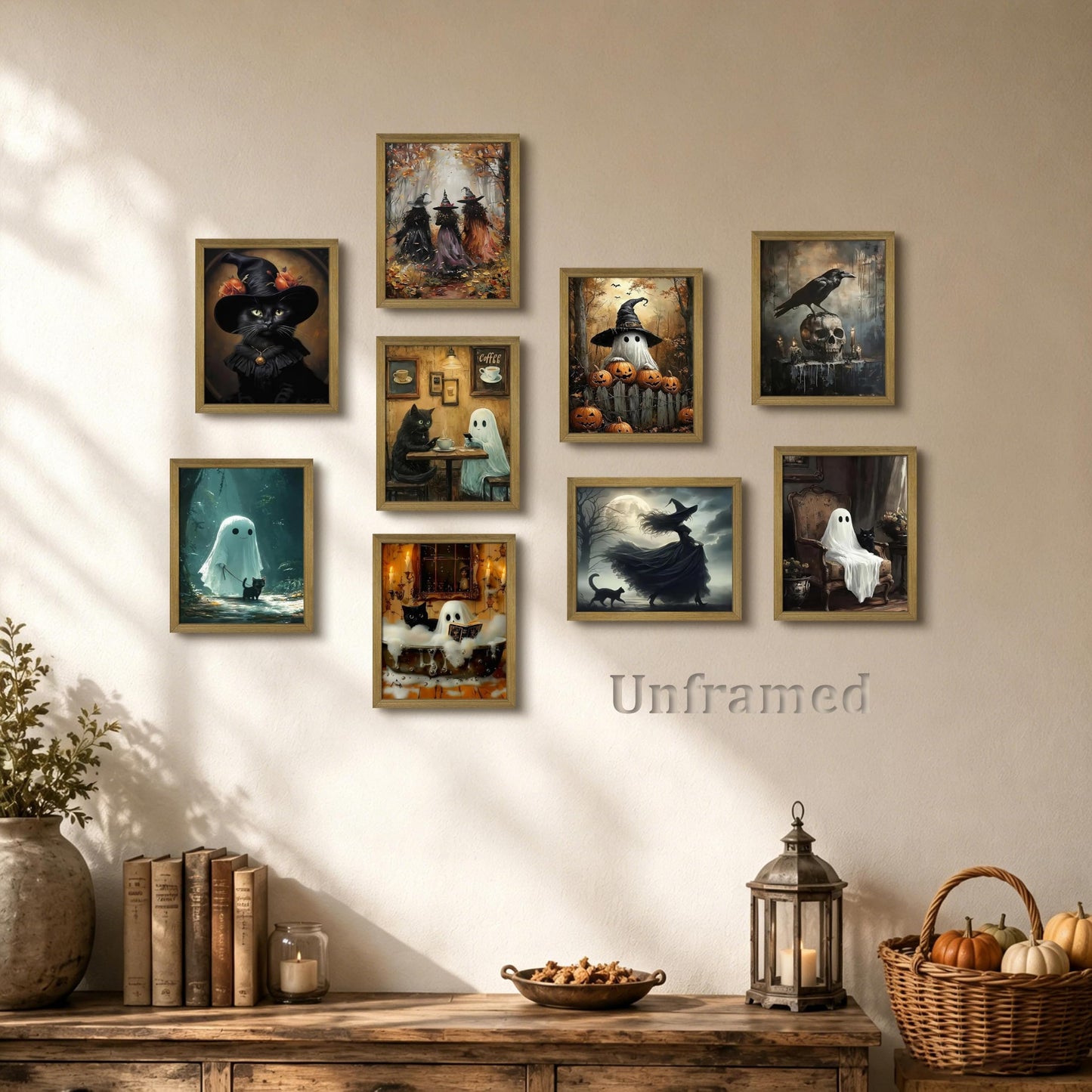 XYHYRA Halloween Wall Art Canvas Prints Set of 9, Dark Academia Wall Decor Painting, Ghost Cat Printed Poster, Gothic Spooky Aesthetic Picture for Gallery Living Room Bedroom Decor 8x10 inch Unframed