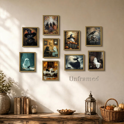 XYHYRA Halloween Wall Art Canvas Prints Set of 9, Dark Academia Wall Decor Painting, Ghost Cat Printed Poster, Gothic Spooky Aesthetic Picture for Gallery Living Room Bedroom Decor 8x10 inch Unframed