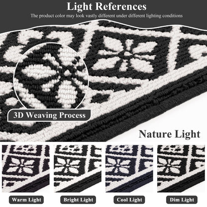Ileading Kitchen Mat Sets 3 Piece Minimalist 3D Lattice Kitchen Floor Rugs with Non Slip Rubber Backing Machine Washable Farmhouse Runner Rugs for Laundry Hallway Doormat(G Black&White)
