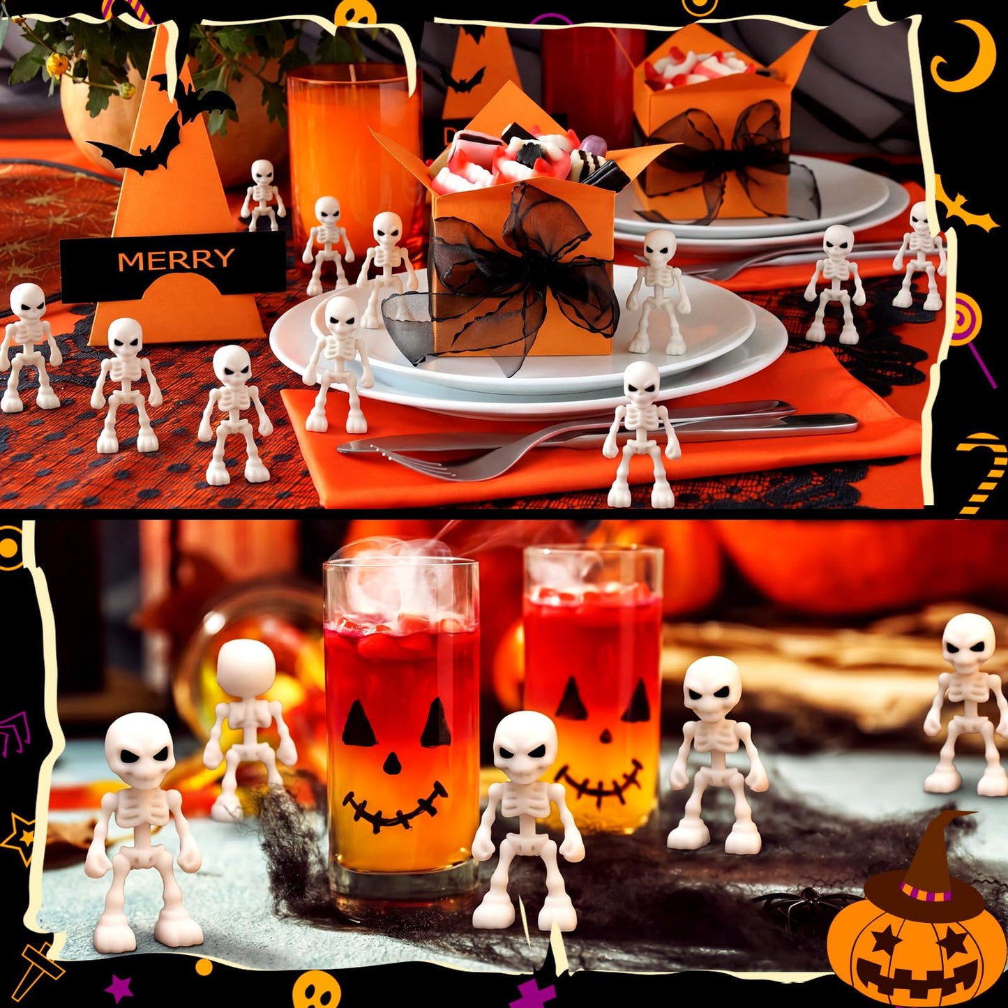 Junkin 50 Pcs Halloween Mini Skeleton Figures Tiny Skulls Cute Design Soft Rubber Skeleton Decorations Miniature Skulls Figures Ornaments for Indoor Fireplace Haunted House Accessories Party