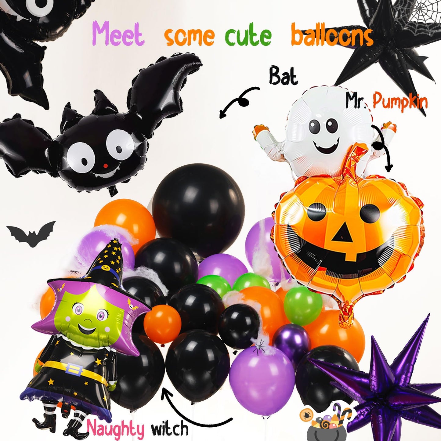 Halloween Balloon Garland Arch Kit 170pcs Orange and Black Purple green balloons with Spooky Spider Bat Pumpkin foil Balloons for fall Halloween Party Decorations