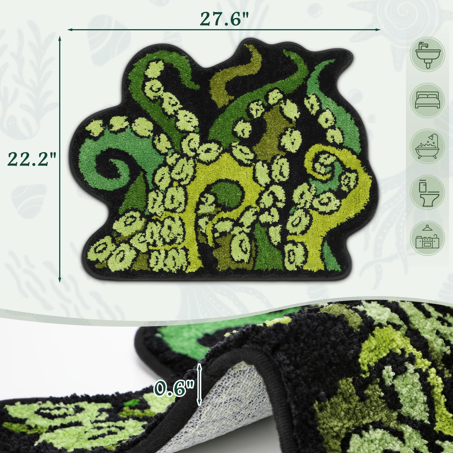 Percozzi Octopus Rugs Halloween Bathroom Rug Tentacles Bath Mat Non Slip Bathroom Mat Ocean Animal Cthulhu Tufted Rug for DND RPG Gamers Fans Nautical Enthusiasts 27.6"x22.2"