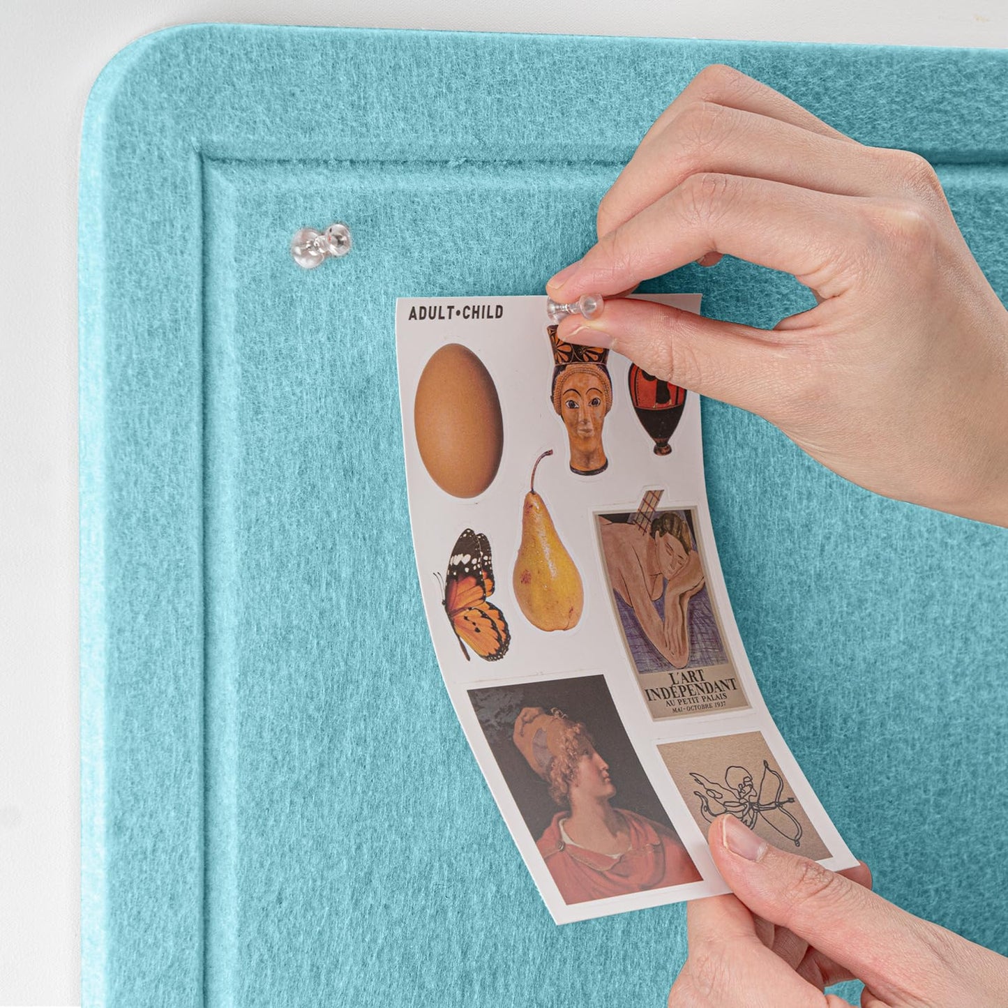 Lightomorrow Bulletin Board, 24 x 18 inches Felt Board Decorative Pin Board, Cork Board Alternative for Wall, Foldable Self-Adhesive Vision Board Mood Board with 20 Pushpins - Turquoise Blue