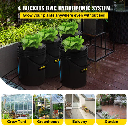VEVOR DWC Hydroponic System, 5 Gallon 4 Buckets, Deep Water Culture Growing Bucket, Hydroponics Grow Kit with Pump, Air Stone and Water Level Device, for Indoor/Outdoor Leafy Vegetables