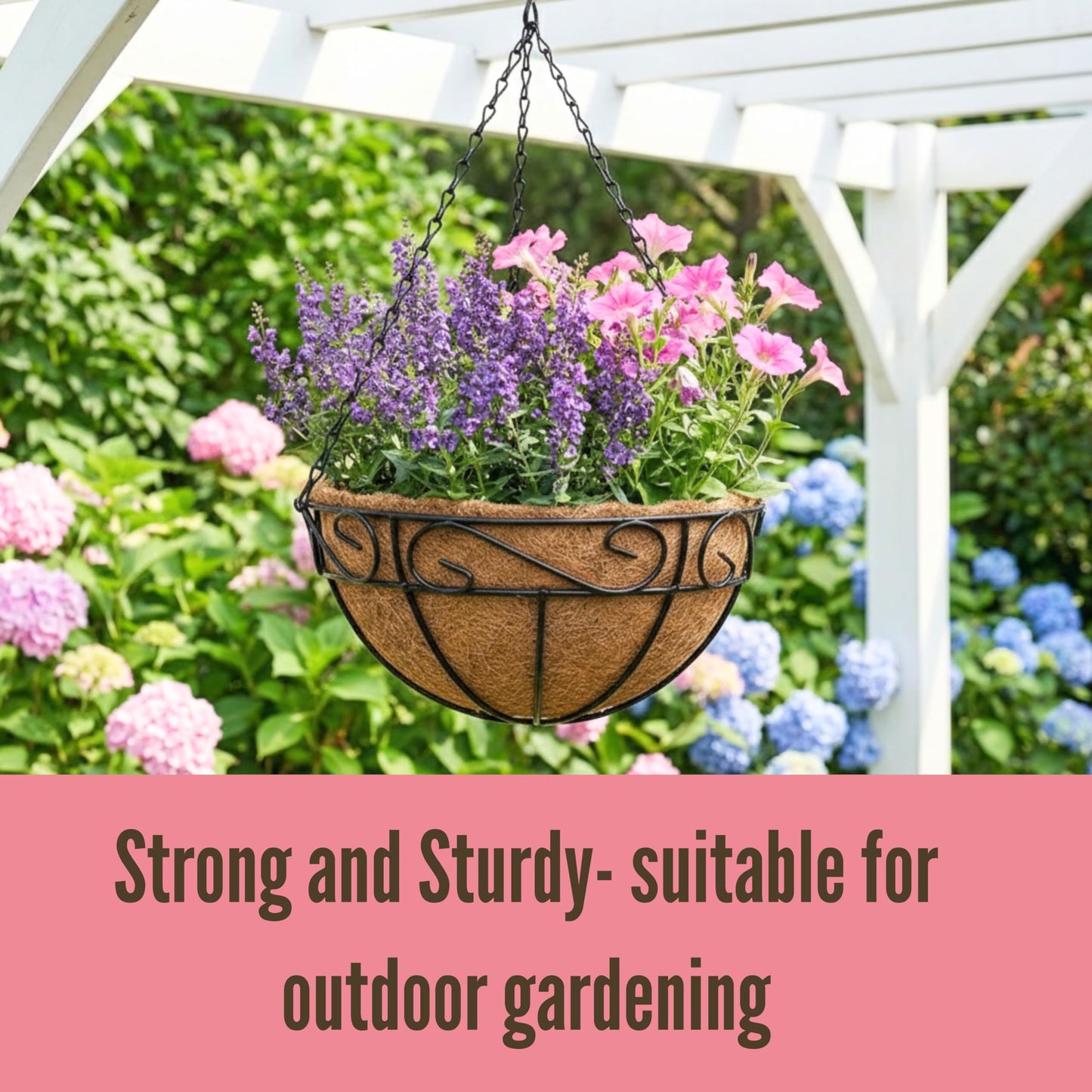 LaLaGreen Hanging Planter for Outdoor Plants (18 Inch, 2 Pack) Black Hanging Baskets with Coco Liner, Also Available in 8/12/14/16/18/20 Inch and Different Shapes Balcony Porch Farmhouse Country Decor