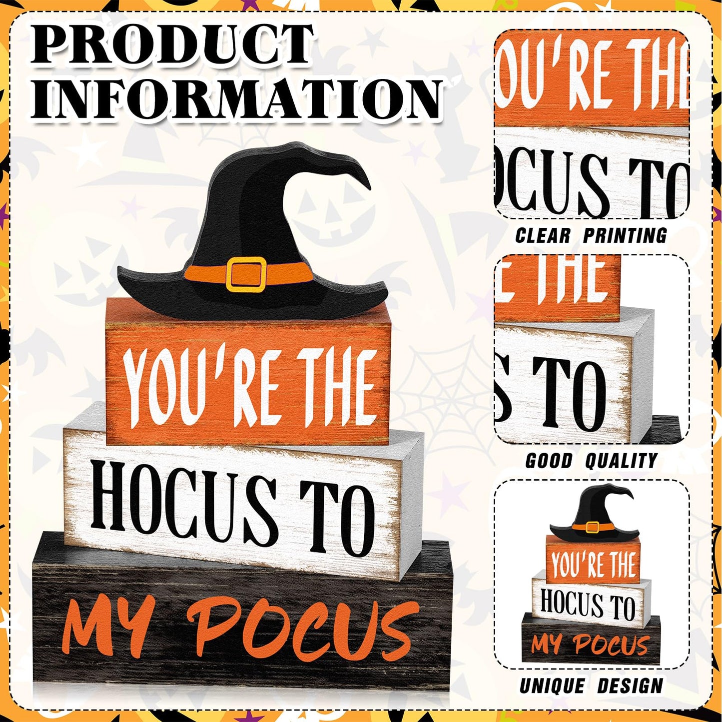 Yuntau 4 Pcs Halloween Hocus Pocus Table Decor Witch Hat Wooden Signs Distressed You're the Hocus to My Pocus Tabletop Centerpieces Witch Tiered Tray Decor Rustic Halloween Decorations for Home Desk