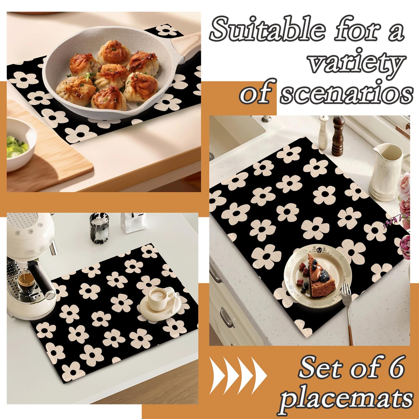 Placemats Set of 6,Abstract Black Flower Heat Resistant Non Slip Table Mats,Washable Wipe Clean Dining Placemats 12 x 18 Inches