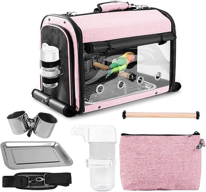 Bird Carrier Bag Bird Travel Cage with Stand, Lightweight Backpack for Parrot, Portable Bird Travel Bag, Pet Transparent Breathable Travel Cage, Pink