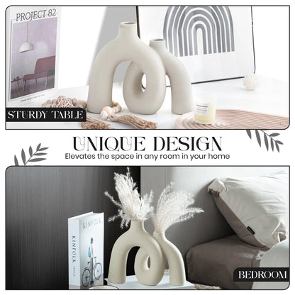 Ceramic Hug Vase (Creamy White) Modern Donut Style Hugging Vases for Flowers Minimalist Decor – Hollow Ceramic Waterproof Home Decor Vases for Living Room, Bed Room, Book Shelf, Entryway, Table