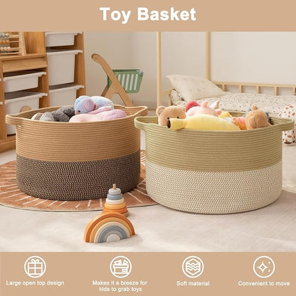 OIAHOMY 90L XXXLarge Blanket Basket for Living Room, 21.7" x 13.8" Woven Cotton Rope Laundry Basket for Organizing Pillows, Decorative Stuffed Animal Toy Storage for Nursery, Jute and White