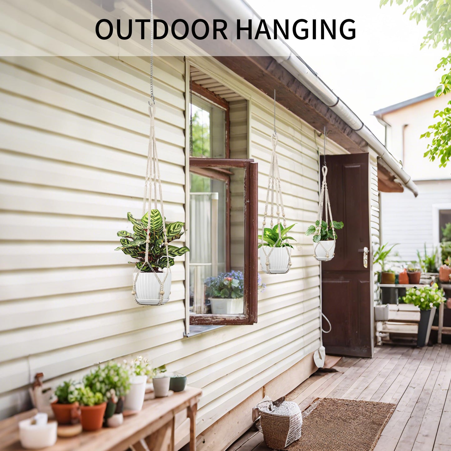 IDEEEPAN Macrame Plant Hanger - Fits 4 to 15 inches Pots for Indoor Outdoor, 43"/35"/29" Different Sizes Set, Ivory (POTS NOT Included)
