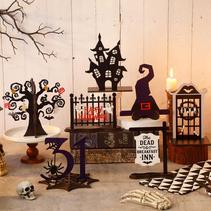Soaoo 7 Pcs Halloween Wood Centerpieces Decorations 3D Halloween Tiered Tray Wood Decor Spooky Theme Decorations Ghost Party Table Topper for Home Table Shelf Party Display Centerpieces Photo Prop