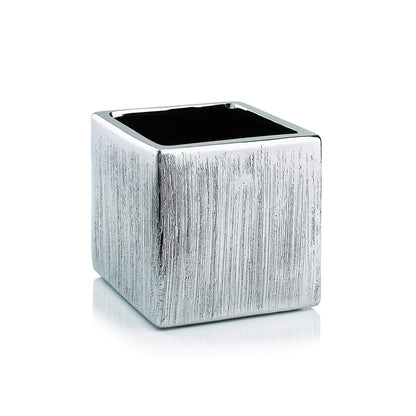 WGV Ceramic Cube Vase Width 4" Height 4" (Fits 3" Pot) Elegant Modern Block Square Floral Planter Terrarium Container Table Dresser for Event Accent Home Office Decor Silver Textured 1 Piece