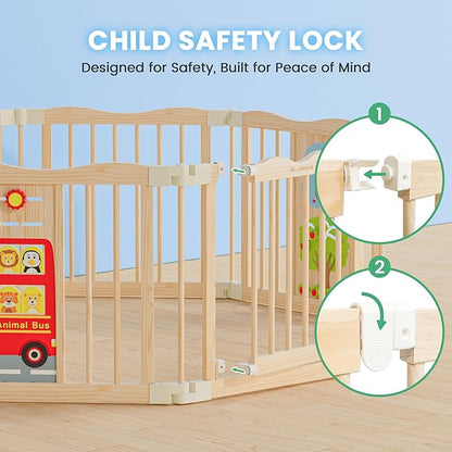 Foldable Wooden Playpen - Adjustable Wood Baby Play Yard with Child-Proof Lock, Indoor Large Safety Fence for Babies and Toddlers - Easy Assembly, 55 x 55 x 24 inches, Animal Bus, Natural