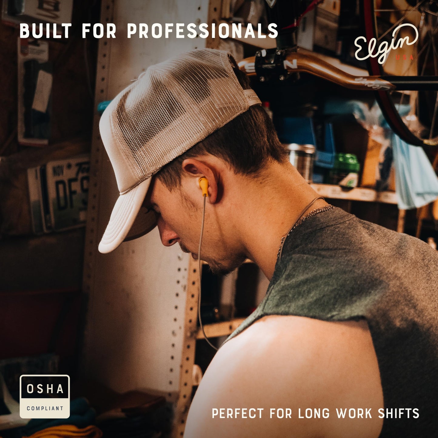 Elgin Ruckus Wireless Bluetooth Earplug Headphones, 25 dB NRR, Noise Canceling Mic, 12-Hour Battery, IP65 Sweatproof, Compliant with OSHA Hearing Safety Standards