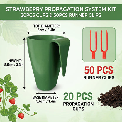 Ginwrek Strawberry Propagation Cups, 20 Pack Large Plastic Plant Cups with 50 Runner Forks Breathable Pots for Berry Plant Rooting, Space-Saving Hanging Design, S