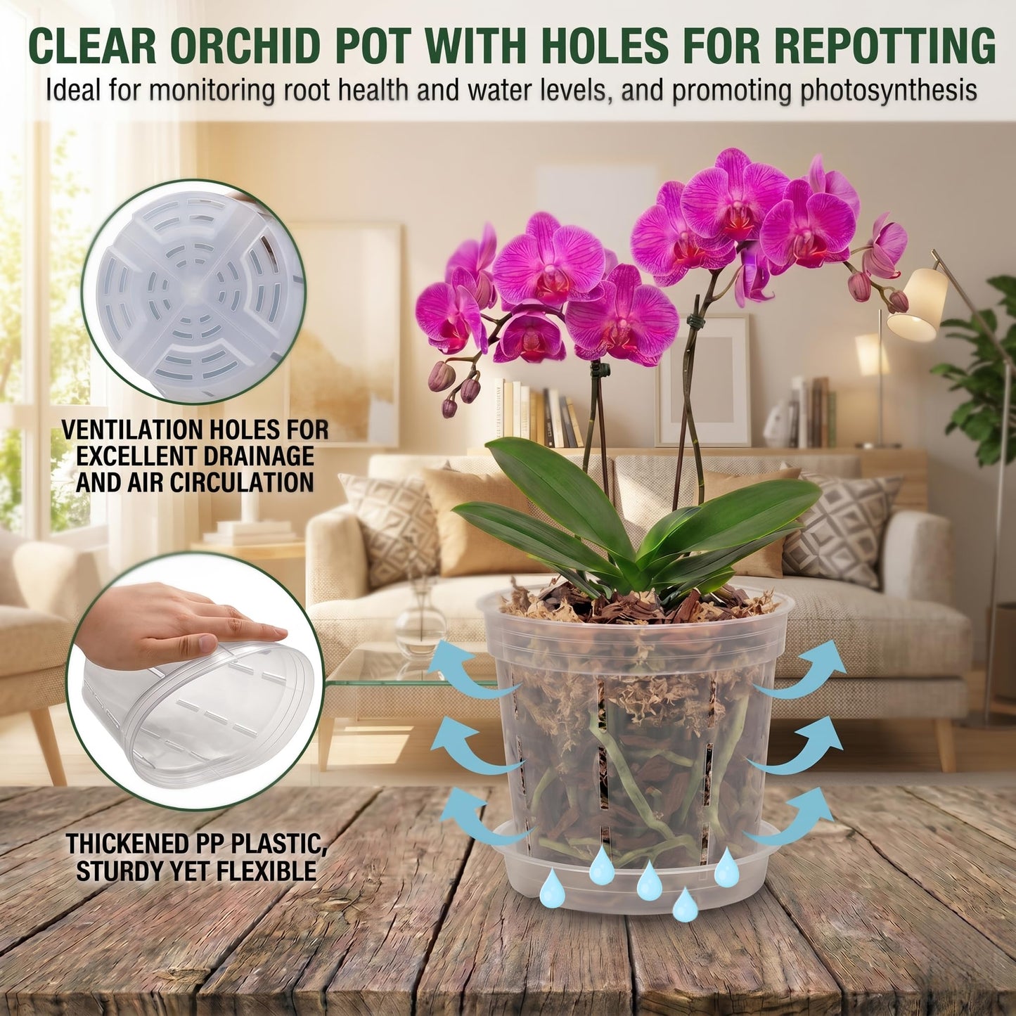 12 Packs Plastic Orchid Pots with Holes, 4, 5, 6 Inch Clear Orchid Pots for Repotting with Saucers Drainage,Hook,Hanging Rope and 6.7/10.6 inch Plant Stakes, Breathable Orchids Planter Plant Pot