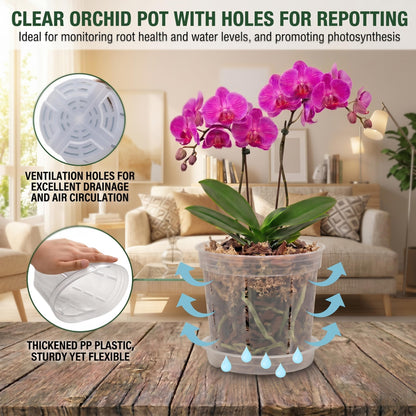 12 Packs Plastic Orchid Pots with Holes, 4, 5, 6 Inch Clear Orchid Pots for Repotting with Saucers Drainage,Hook,Hanging Rope and 6.7/10.6 inch Plant Stakes, Breathable Orchids Planter Plant Pot