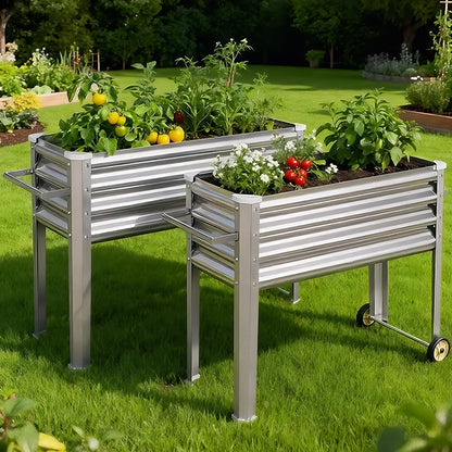 Land Guard 2 Pack Galvanized Raised Garden Bed with Legs & Wheels, 36×12×32in Metal Elevated Raised Planter Box for Backyard, Patio, Balcony, 300lb Capacity, Silver