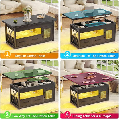 Itaar 40" Lift Top Coffee Table, 4 in 1 Coffee Tables with Storage Cabinet for Living Room, Small Farmhouse Coffee Table with 2 Fabric Drawers & LED Light for Dining Room, Black