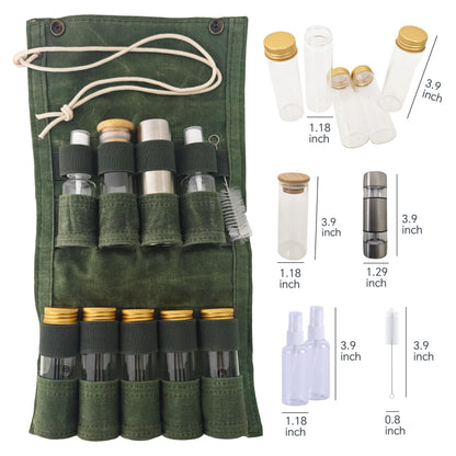 WINRIOO Camping Travel Spice Kit，Portable Mini Camping Spice Containers with 6 Jars，1 Salt/Pepper Grinders，2 Oil Spray，Foldable Canvas Seasoning Storage Bag for Outdoor Picnic BBQ